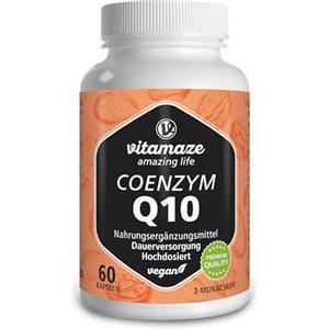 Vitamaze - amazing life Vitamaze® Coenzima Q10 200mg per Capsula Vegano, Ubiquinone con la Migliore Biodisponibilità, Integratore Alimentare di Q10 Coenzima senza Additivi non Necessari, Qualità Tedesca, 60 Capsule.