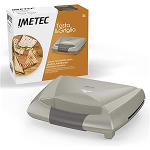 Imetec Tosta&Griglia, Tostiera elettrica, Piastre XL Rigate e Antiaderenti per Preparare 3 Toast alla Volta, Compatta, Riponibile in Verticale, Spie Funzionamento, Gancio Chiusura, Avvolgicavo, 800 W