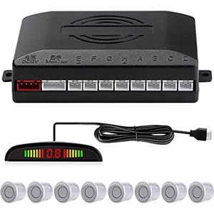 CUQI Sensori di Parcheggio, 8 Sensori di Parcheggio Anteriori e Posteriori con Segnalazione Acustica della Distanza Display a LED(8 Sensori, Argento)