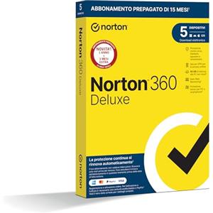 Norton Symantec Norton 360 Deluxe 2020 - Antivirus Software per 5 Dispositivi con Rinnovo Automatico, Licenza di 15 mesi, Secure VPN e Password Manager, PC, Mac, Tablet e Smartphone