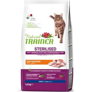 Natural Trainer Gatto Adulto Sterilizzato con Carni Bianche e Tacchino - Alimento Secco Completo 1,5 kg