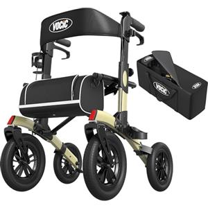 VOCIC Deambulatore per anziani 4 ruote,Girello per anziani con seduta,Carrello pieghevole per tutti i terreni,Rollator deambulatore da esterno egolabile in altezza alluminio,Champagne(5 anni garanzia)