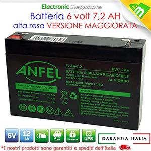 ANFEL Batteria Ermetica Ricaricabile al Piombo 6V Volt 7Ah con connettore faston Ideale per ups sistemi di Sicurezza Peg Perego Giochi Giocattoli Lampada di Emergenza