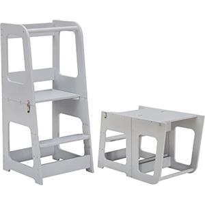 KYWAI® Torre Montessoriana Bambini Convertibile in Scrivania e Sgabello - Torre Montessoriana Pieghevole - Struttura Solida, Anticaduta, Evolutiva, Perfetta per Cucina e Bagno (Grigio)