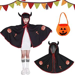 Tuofang Mantello da Strega di Halloween, Halloween Costume Strega Bambina, Mantello da Mago per Bambini con Cappello y Borsa di zucca, per Festa di Cosplay di Halloween per Ragazzo e Ragazza (Nero)