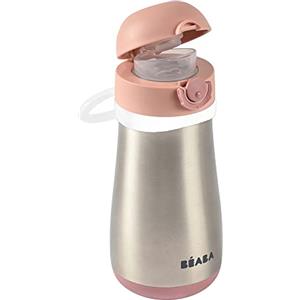 BÉABA, 2 in 1 Bottiglia in Acciaio Inossidabile Bambini, Funzione Bottiglia/Bicchiere, Pulsante Facile Apertura, Solido, Sano, Maniglie Rimovibili, Acciaio Inossidabile Freddo/Caldo, 350ml, Rosa