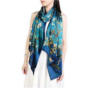 Prettystern Donna Xl Sciarpa Di Raso Pura Raso Seta Stola Foulard Cerimonia Elegante Coprispalle Blu Crêpe Satin Di Seta - Rami Di Mandorlo