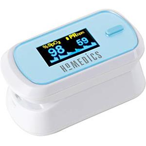 HoMedics Saturimetro da Dito, Misura Saturazione di Ossigeno, Frequenza del Polso, Indice di Perfusione e la Barra delle Pulsazioni, Ampio Display OLED Bicolore di Facile Lettura, Batterie Incluse