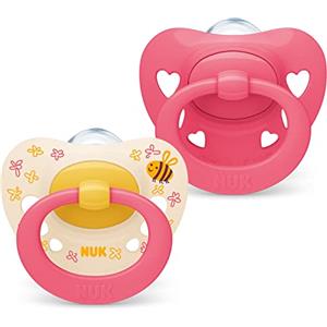 NUK Signature ciuccio | 18-36 mesi | Calma il 95% dei bambini | Succhietti a forma di cuore in silicone senza BPA | Custodia compresa | Cuori rosa | 2 pezzi