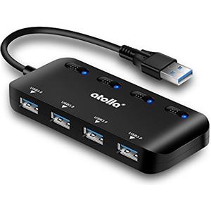 atolla Hub USB 3.0, 4 Porte Super Sottile sdoppiatore usb per Trasmissione Dati Alta velocità e Sincronizzazione, con Interruttori di Alimentazione Individuali e LEDs