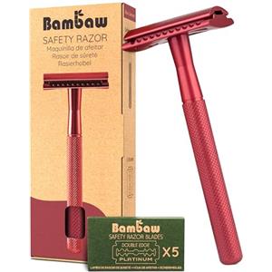 Bambaw Rasoio Metallo Donna e Uomo con 5 Lamette in Acciaio Inox Svedese, Rasoio di Sicurezza Uomo in Metallo, Ideale per Viso e Corpo, Impugnatura Antiscivolo, Riutilizzabile e Senza Plastica (Rosso)