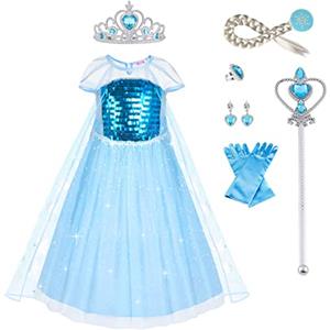 URAQT Elsa Vestito Set, Elsa Costume Vestito Bambina Principessa, Set da Principessa Corona Bacchetta Guanti Treccia, Cosplay Party Halloween Abito delle Ragazze di Natale Vestito Fantasia(100-150)