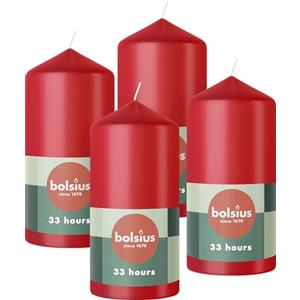 Bolsius Candele a colonna - colore rosso - confezione da 4 pezzi - 12 x 6 cm - lunga durata di 33 ore - non profumate - cera vegana naturale - senza olio di palma