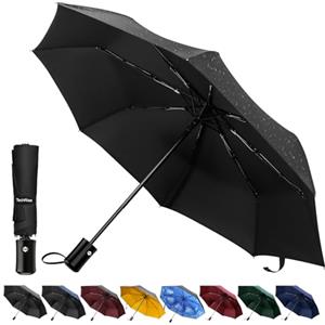 TechRise Ombrello Pieghevole, Ombrello Portatile Automatico Antivento Compatto Resistente Leggero con 8 Stecche Rinforzate in Teflon, ombrellino per passeggino universale per uomini e donne