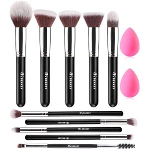 BEAKEY Set Pennelli Make up Premium synthetic pennelli trucco per fondazione cipria fard, ombretto, Set di pennelli make up, kit con spugnetta e Blender Beauty (10 + 2 pezzi, nero/argento)