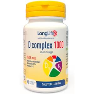 LongLife® D complex 1000 | Integratore vitamina D3 e vitamina K2 naturale | Alto dosaggio | Benessere ossa e articolazioni | Difese immunitarie | Fino a 2 mesi di trattamento | Senza glutine e kosher