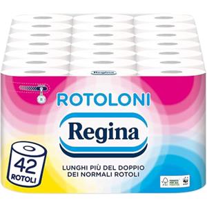 Regina Rotoloni Regina - 42 Maxi Rotoli di Carta Igienica, 500 Fogli a 2 Veli, Lunghi Più del Doppio dei Normali Rotoli, Confezione 50% in Plastica Riciclata, Carta 100% Certificata FSC