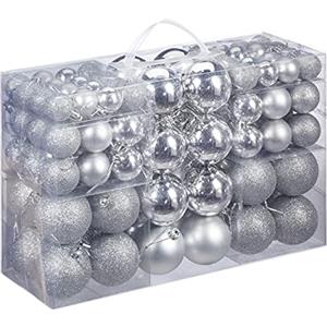 Relaxdays Palline di Natale, Set 100, Addobbi Natalizi, Opache, Lucide, Glitterate, ∅ 3,4 e 6 cm, Decorazioni, Argento