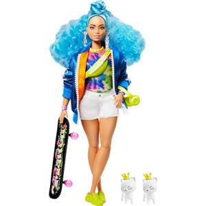 Barbie Extra Bambola Curvy con Capelli Ricci Azzurri, Cucciolo e Accessori alla Moda, Giocattolo per Bambini 3+Anni, GRN30