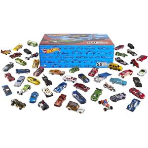 Hot Wheels - Set esclusivo da 50 macchinine, mega confezione firmata Hot Wheels da collezione, ogni veicolo imbustato singolarmente e con decorazioni autentiche, giocattolo per bambini, 3+ anni, V6697