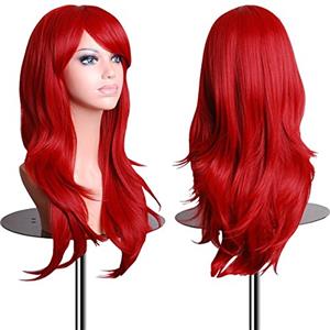 EmaxDesign Wigs - Parrucca da 70 cm / 28, anche per Cosplay, lunga, folta, con riccioli ampi, fibra resistente alle alte temperature, Accessorio di pregio dotato di pettinino e retina
