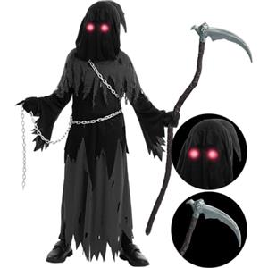 Spooktacular Creations Child Unisex Glowing Eyes Reaper Costume for Creepy Phantom Halloween Costume (Small (5 - 7 yrs))