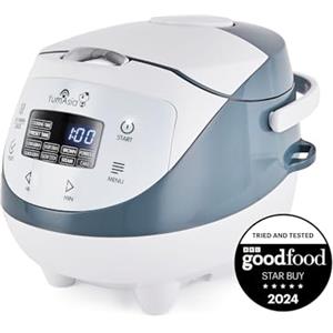 Yum Asia Panda Mini Cuociriso con Ciotola in Ceramica Ninja e Advanced Fuzzy Logic (3,5 tazze, 0,63 litri) 4 Funzioni di Cottura del Riso, 4 Funzioni Multicooker, Display LED, 220-240V (White/Grey)