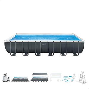 Intex 26368NP - Piscina Fuori Terra Ultra XTR Frame Rettangolare, Pompa Filtro 7900 L/h, Scaletta, Telo Base e Copertura, Kit Pulizia Deluxe e Set Volley, 31805 L, Acciaio e PVC, Grigio, 732x366x132cm