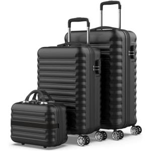 NUMADA - Set di valigie 3pzs (53/63cm) e borsa da toilette Nero, ABS Resistente, Leggero con 4 ruote doppie e lucchetto combinazione laterale