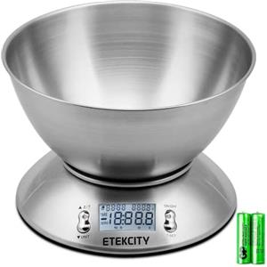 ETEKCITY Bilancia Cucina Digitale, Elettronica in Acciaio Inossidabile 5kg/ 11lb con Ciotola Rimovibile, Funzione Tare, Timer Allarme, Indicatore Temperatura, Display LCD, Argento