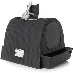 Curver 2068961 lettiera per gatti petlife con coperchio, lettiera con paletta, moderno effetto rattan intrecciato, antracite, 51,5 x 38,5 x 40 cm