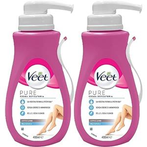 Veet Pure Crema Depilatoria Silk & Fresh Technology per Pelli Sensibili Gambe e Corpo - 2 Flaconi da 400ml