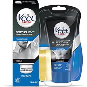 Veet For Men kit, Crema Depilatoria Ascelle, Pelli Sensibili, con applicatore arrotondato, 100 ml e Crema depilatoria per uomo sotto la doccia Pelli Sensibili petto e corpo, 150ml