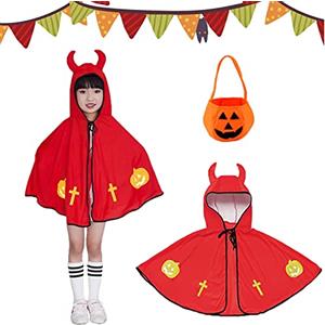 Tuofang Mantello da Strega di Halloween, Halloween Costume Strega Bambina, Mantello da Mago per Bambini con Cappello y Borsa di zucca, per Festa di Cosplay di Halloween per Ragazzo e Ragazza (Rosso)