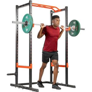 Sunny Health & Fitness Power Zone - Power Cage Rack da Allenamento, Capacità di Carico 455 kg, Barra di Sicurezza, Barra per Trazioni Inclinata, Ganci a J, Perni per Bande di Resistenza