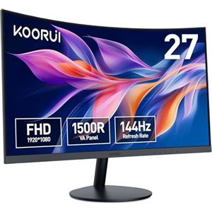 KOORUI Monitor 27 Pollici Curvo (1500R), Full HD (1920x1080), VA, 144 Hz, 5 ms, HDMI, VGA, Gaming Monitor, Eye Saver Mode, Flicker Safe, Nero, 27N5CA