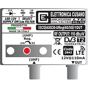 Elettronica Cusano (ECO) ASS30-UReg(4G/5G)/1OUT - Amplificatore Antenna TV con Filtro LTE 4G e 5G (Selezionabile), Amplificatore Antenna da Palo, 1 Ingresso UHF, Gain 30dB, Amplificatore Antenna 1 Uscita, Made in Italy