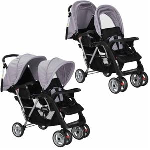 vidaXL Passeggino Gemellare a Tandem in Acciaio Grigio e Nero Carrozzina Bimbi