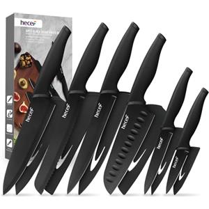 hecef 6 Pezzi Coltelli da Cucina Professionali, Nero Acciaio Inox Set con Manico Ergonomico, Affilata per affettare, Tagliare e Sminuzzare