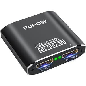 Pupow Sdoppiatore HDMI,Alluminio Splitter HDMI 1 in 2 Out, 4K hdmi splitter,Sdoppiatore Hdmi 1 Ingresso 2 Uscite alluminio per PS4 Xbox Sky Box Fire Stick, lettore DVD HDTV proiettore
