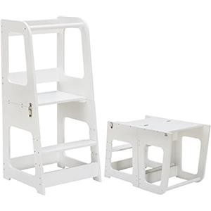KYWAI® Torre Montessoriana Bambini Convertibile in Scrivania e Sgabello - Torre Montessoriana Pieghevole - Struttura Solida, Anticaduta, Evolutiva, Perfetta per Cucina e Bagno (Bianco)