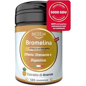 Bexor® Bromelina Forte Drenante Gastroprotetta - 5000 GDU strong fino a 4500 mg Super Concentrato - 120 Compresse - Cellulite & Microcircolo Integratore Enzimi Digestivi Antinfiammatorio Digestivo.