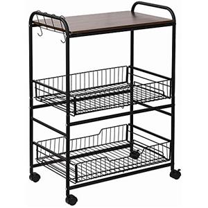 HOMCOM Carrello da Cucina Portavivande Stile Industriale con 4 Ruote, 2 Cestini e 4 Ganci, 60x38x85.5cm, Marrone Nero