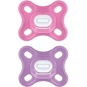 MAM Comfort Succhietto 0-3 mesi (Set da 2), Ciuccio MAM 0-3 mesi in 100% silicone con design unico, Kit da 2 accessori neonato morbidi e leggeri con porta ciuccio sterilizzatore, Rosa/Viola