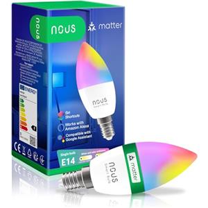 NOUS E14 WiFi RGB Matter Led Dimmerabile Lampadina, Compatibile con Alexa, Google, Home Assistant, Tuya Smart Life Luci Colorate Intelligente, Luce Calda-fredda-naturale, App Telecomando