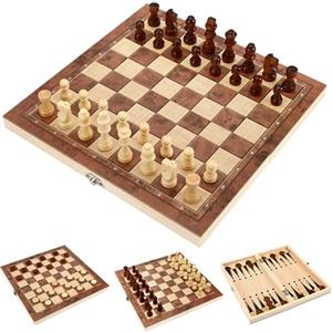 Miiepls Scacchiera in Legno,3 in 1 Scacchi Dama Backgammon, Pieghevole Scacchiere per Bambini e Adulti, Portatili Scacchi per Viaggio Famiglia Festa - 29x29x2cm (3-1GJXQ)
