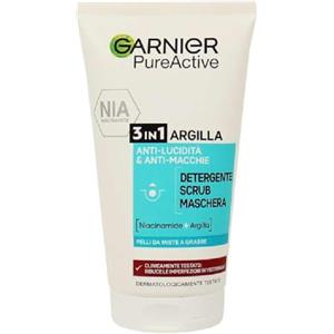 Garnier Skin Active Pure Active 3in1 Argilla, Pelli Miste - Con Imperfezioni Detergente + Scrub + Maschera, 150 ml