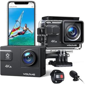 WOLFANG Action Cam GA300 4K 60FPS, 20MP WiFi EIS Action Camera con schermo tattile, 8X Zoom Fotocamera Impermeabile 40M Subacquea Videocamera, Mic Esterno, Telecomando 2x1350mAh Batterie e Accessori