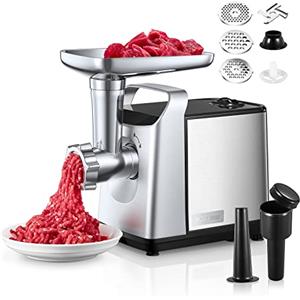 HOUSNAT Tritacarne Elettrico Professionale, Acciaio Inox, 1500W Max, 3 IN 1 Tritacarne per Carne con 3 Piastre di Macinazione, Attacco per Salsiccia e Kubbe