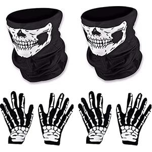 O-Kinee 2 Paia Bianco Scheletro Guanti e Teschio Viso Maschera Fantasma Ossa per Adulti Halloween Costume Danza Festa, Cosplay Halloween Carnevale